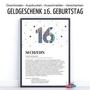 Cadeau d'argent pour un 16ème anniversaire I Définition I Idée de dernière minute pour offrir de l'argent I A4 I Téléchargement PDF à imprimer