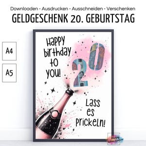 Cadeau en espèces pour 20e anniversaire, carte de vœux amusante 2005, vingt 30 40 50 60 ans, téléchargement PDF pour impression