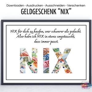 Cadeau d'argent « NIX », idée amusante de dernière minute pour donner de l'argent de manière créative, carte de vœux d'anniversaire, téléchargement PDF numérique pour impression