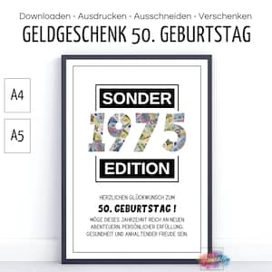 Cadeau d'argent 50e anniversaire 1975 cinquante 40 60 70 ans, carte d'anniversaire DIY, félicitations, donner de l'argent, imprimer PDF télécharger