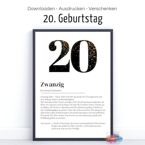 Poster postcard for 20th birthday I definition I 20 years I twenty I round I PDF download for printing