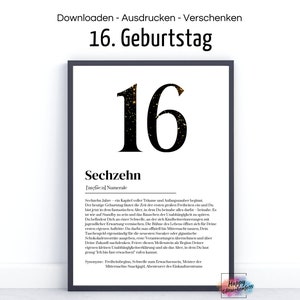 Tarjeta de cumpleaños para el cumpleaños número 16 I Definición I dieciséis años I tarjeta A4 A5 A6 Descargar PDF para imprimir