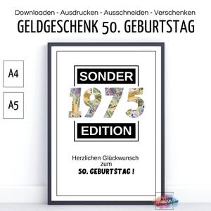 Cadeau d'argent 50e anniversaire 1975 cinquante 40 60 70 ans, carte d'anniversaire DIY, félicitations, donner de l'argent, imprimer PDF télécharger