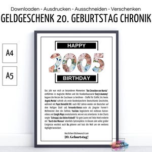 Cadeau d’argent du 20e anniversaire 2005, jalons de la chronique, vingt ans, carte d’anniversaire, félicitations, donner de l’argent, télécharger l’impression