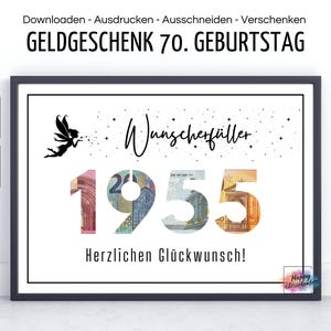 Wish-fulfiller for the 70th birthday, cash gift, 1955, 50 60 seventy 80 90 years, PDF download for printing,