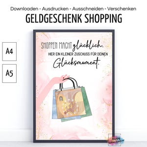 Presente em dinheiro para um aniversário, embalagem criativa de dinheiro como presente, cartão de aniversário engraçado, voucher de compras, download de PDF para impressão