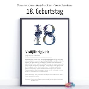 Poster Postkarte zum 18. Geburtstag Volljährigkeit I Definition I PDF Download zum Ausdrucken