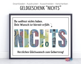 Money gift "NOTHING", idea for a creative gift of money for a birthday, card A4 digital PDF download for printing