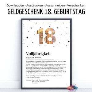 Regalo en efectivo para el 18 cumpleaños por mayoría de edad I Definición I Idea de último minuto para dar dinero I A4 I Descargar PDF para imprimir