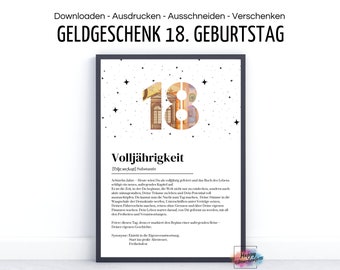 May include: A printable 18th birthday gift money card design with a black frame and a white background. The number 18 is made of euro bills and is surrounded by small black stars. The text "Volljährigkeit" is written in black below the number 18. The text "[Bljcançkagt] Substantiv" is written in black below the text "Volljährigkeit". The text "Achterhn Jahre - Heute wirst du volljährig gefeiert und das Buch des Lebens schlägt ein neues, aufregendes Kapitel auf." is written in black below the text "[Bljcançkagt] Substantiv". The text "Es ist die Zeit, in der beginnt, die Welt nicht nur zu entdecken, sondern auch aktiv mitzugestalten. Deine Träume zu leben und Dein Potential voll auszuschöpfen. Du kannst nun die Nacht zum Tag machen. Deine Stimme in die Waage der Demokratie werfen. Deinen Führerschein  machen.  Deine Grenzen und über deine eigenen, mit all deinen Freiheiten und Verantwortung." is written in black below the text "Achterhn Jahre - Heute wirst du volljährig gefeiert und das Buch des Lebens schlägt ein neues, aufregendes Kapitel auf.". The text "Feiere diesen Tag, denn er markiert den Beginn einer aufregenden Reise. Deiner eigenen Geschichte." is written in black below the text "Es ist die Zeit, in der beginnt, die Welt nicht nur zu entdecken, sondern auch aktiv mitzugestalten. Deine Träume zu leben und Dein Potential voll auszuschöpfen. Du kannst nun die Nacht zum Tag machen. Deine Stimme in die Waage der Demokratie werfen. Deinen Führerschein  machen.  Deine Grenzen und über deine eigenen, mit all deinen Freiheiten und Verantwortung.". The text "Synonyme: Eintritt in die Erwachsenen-Welt, Start ins große Abenteuer, Freiheiten" is written in black below the text "Feiere diesen Tag, denn er markiert den Beginn einer aufregenden Reise. Deiner eigenen Geschichte.". The text "Happy Geburtstag" is written in black at the bottom of the image.