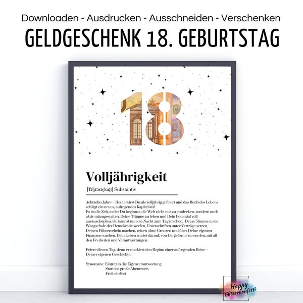 Geldgeschenk  zum 18. Geburtstag Volljährigkeit I Definition I Last Minute Idee Geld verschenken I A4 I PDF Download zum Ausdrucken