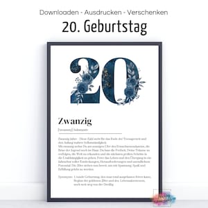 Poster postcard for 20th birthday I definition I 20 years I twenty I round I PDF download for printing