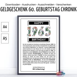 Cadeau d’argent du 60e anniversaire 1965, jalons de la chronique, soixante ans, carte d’anniversaire, félicitations, donner de l’argent, télécharger l’impression