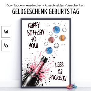 Cadeau d'anniversaire pour femme, petite amie, idée pour emballer de l'argent de manière créative et amusante, cocktail au champagne, téléchargement PDF à imprimer