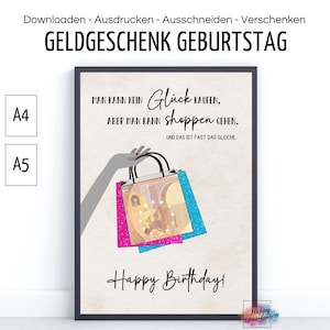 Presente em dinheiro para um aniversário, embalagem criativa de dinheiro como presente, cartão de aniversário engraçado, voucher de compras, download de PDF para impressão