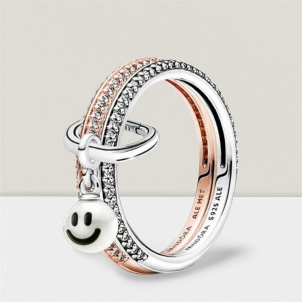 Pandora ME Rings: Happy Smiley Face Ring Set - Minimalist Charm Rings, S925 Sterling Silver, Compatible with Me Ring - Perfect Gift for