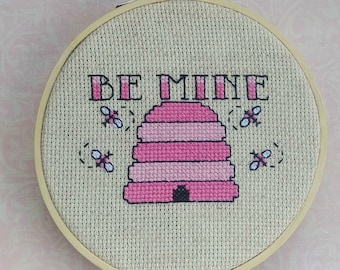 Be Mine Valentine Beehive Cross Stitch EmbroideryPattern Needlepoint Beginner Easy Love Pink Black Gift Valentines Card Art Simple Modern