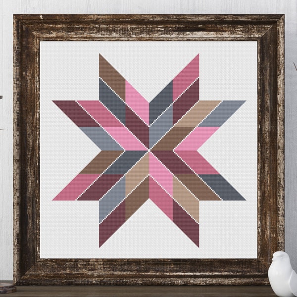 Claire Star Barn Quilt Square Traditional Cross Stitch Pattern Needlepoint Embroidery Country Farmhouse Print Pink Grey Decor Farm House