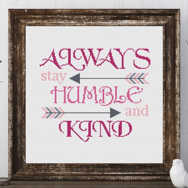 Pink Humble & Kind Cross Stitch Pattern Needlepoint Embroidery Baby Nursery Boho Tribal Quote Print DIY Decor Shower Gift Modern Hipster