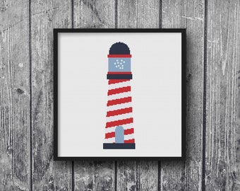 Lighthouse Nautical Sailing Theme Blue Red Sail Cross Stitch Pattern  Embroidery Baby Nursery Print DIY Art Decor Shower Gift Modern Kids