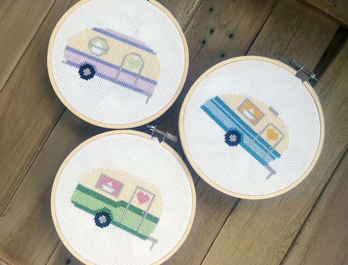 Crosstitch Rv Pattern Retro Camper Set Cross Stitch Pattern Needlepoint Embroidery Beginner ...