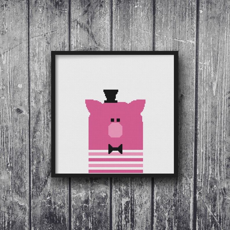 Striped Pink Pig Cross Stitch Pattern Needlepoint Embroidery Baby Nursery Cute Zoo Print DIY Art Decor Shower Gift Modern Kids Animal