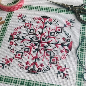 Op de afbeelding: Een voltooid kruissteekproject met een geometrisch ontwerp in rood, zwart en wit. Het borduurwerk is op witte stof met een groene rasterrand. Ambachtelijke benodigdheden, waaronder een schaar en tape, zijn zichtbaar.