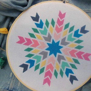 Peut inclure: Un projet de point de croix terminé dans un cercle à broder en bois. Le motif présente une étoile bleue centrale entourée de flèches colorées roses, turquoise, jaunes et grises. Le projet est posé sur un fond en jean, avec du fil à broder et des ciseaux à proximité.