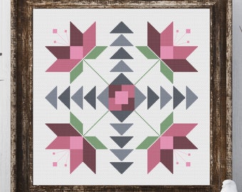 Ione Flower Barn Quilt Square Traditional Cross Stitch Pattern Needlepoint Embroidery Country Farmhouse Print Pink Grey Decor Farm House