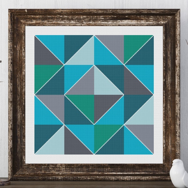 Olivia Block Barn Quilt Square Traditional Cross Stitch Pattern Needlepoint Broderie Country Farmhouse Print Blue Grey Decor Farm House