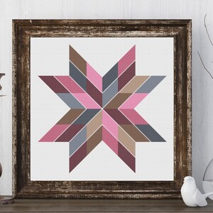 Claire Star Barn Quilt Square Traditional Cross Stitch Pattern Needlepoint Embroidery Country Farmhouse Print Pink Grey Decor Farm House image 2