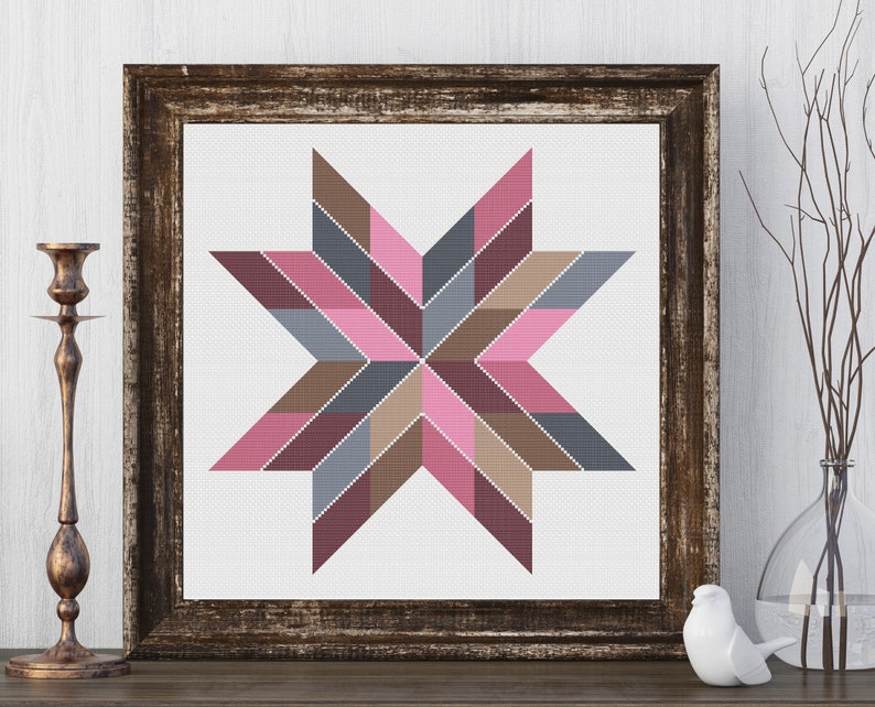 Claire Star Barn Quilt Square Traditional Cross Stitch Pattern Needlepoint Embroidery Country Farmhouse Print Pink Grey Decor Farm House image 2