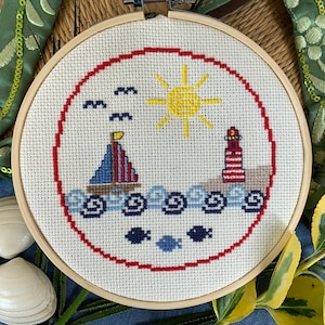 On The Sea Sailboat Nautical Ocean Lighthouse Sailing Theme Blue Red Sail Cross Stitch Pattern DIY Art Decor Beach House  Gift Modern Kids