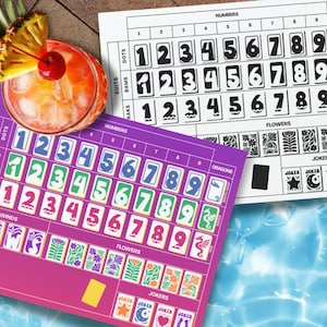 May include: A vibrant image featuring two game boards with numbers, suits, and dragon symbols. A colorful cocktail with a pineapple slice and cherry garnish sits atop one board. The boards are designed for a card game.
