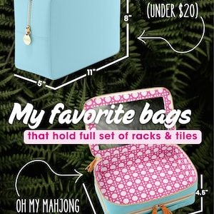 May include: A light blue Embla large pouch measuring 11 inches by 5 inches by 8 inches with a gold zipper. An Oh My Mahjong Debutante bag measuring 11.25 inches by 7.5 inches by 4.5 inches with a pink and white patterned interior and clear lid.