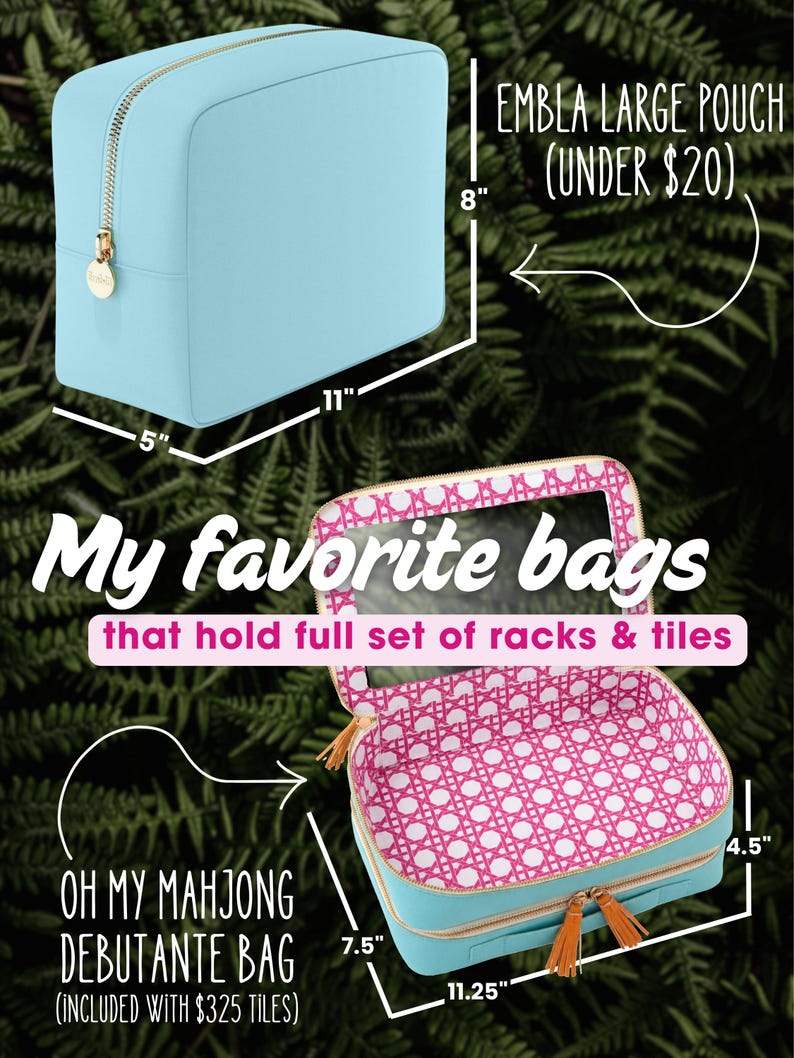 May include: A light blue Embla large pouch measuring 11 inches by 5 inches by 8 inches with a gold zipper. An Oh My Mahjong Debutante bag measuring 11.25 inches by 7.5 inches by 4.5 inches with a pink and white patterned interior and clear lid.