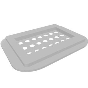 May include: A light gray rectangular soap dish with a grid of circular holes. The dish has a raised border and a rounded base, designed for drainage and soap storage.
