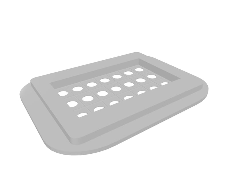 May include: A light gray rectangular soap dish with a grid of circular holes. The dish has a raised border and a rounded base, designed for drainage and soap storage.