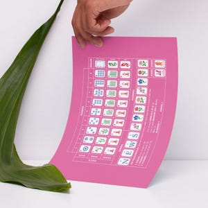K&ouml;nnte beinhalten: Ein pinkfarbenes Blatt Papier mit einem Mahjong-Spiel-Layout, das verschiedene Spielsteine und Symbole zeigt. Das Papier wird von einer Hand gehalten, mit einem gro&szlig;en gr&uuml;nen Blatt im Vordergrund. Der Text "NEWS" ist auf dem Papier zu sehen.