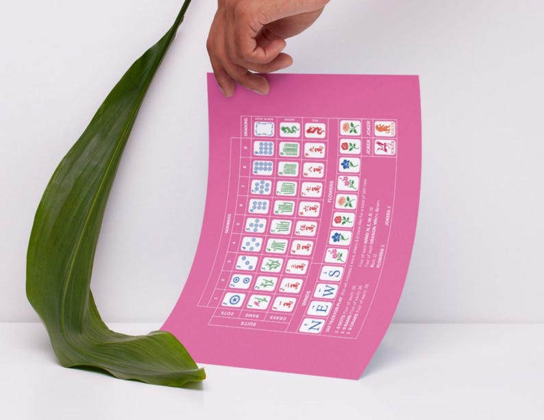 K&ouml;nnte beinhalten: Ein pinkfarbenes Blatt Papier mit einem Mahjong-Spiel-Layout, das verschiedene Spielsteine und Symbole zeigt. Das Papier wird von einer Hand gehalten, mit einem gro&szlig;en gr&uuml;nen Blatt im Vordergrund. Der Text "NEWS" ist auf dem Papier zu sehen.