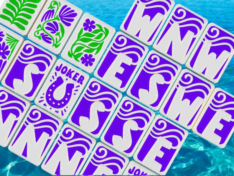 May include: A collection of playing cards with a white background and purple and green designs. Some cards feature the word "JOKER" and a horseshoe. Other cards display the letters "W", "E", and "S".