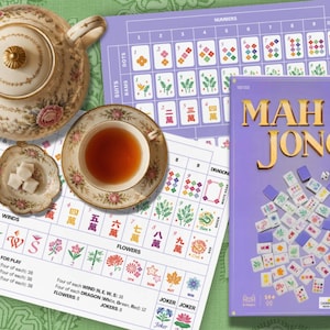 Puede incluir: Un juego de Mah Jong en una caja morada con fichas dispersas, dos hojas de referencia, una tetera de porcelana floral, una taza a juego con té y un plato pequeño con tres terrones de azúcar sobre una superficie de color verde.