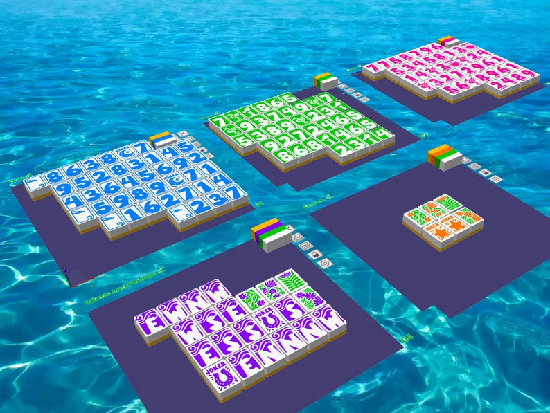 May include: An overhead shot of a digital game board floating in water. The game boards are various colors and feature numbers and symbols. The game boards are on a blue background.