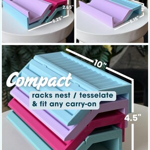 May include: A set of stackable, nested racks in light blue, pink, and lavender. The racks feature a grooved surface and measure 10 inches in length, 6.25 inches in width, and 2.65 inches in height. Text reads: Compact racks nest / tesselate & fit any carry-on.