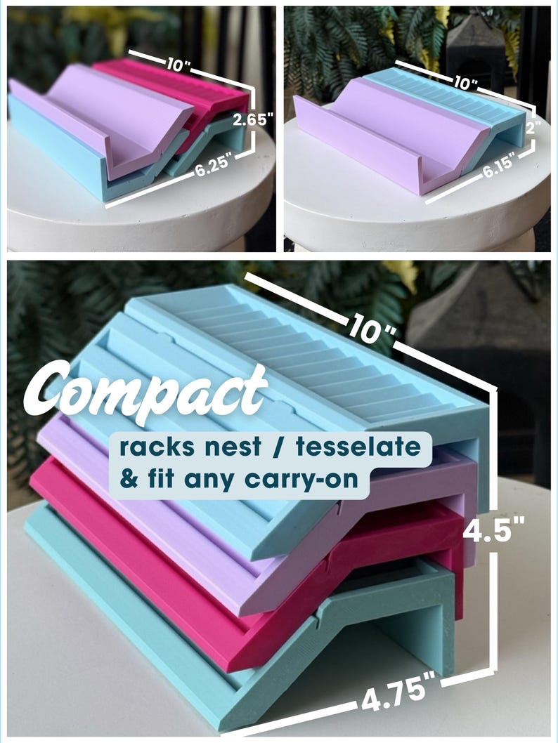 May include: A set of stackable, nested racks in light blue, pink, and lavender. The racks feature a grooved surface and measure 10 inches in length, 6.25 inches in width, and 2.65 inches in height. Text reads: Compact racks nest / tesselate & fit any carry-on.