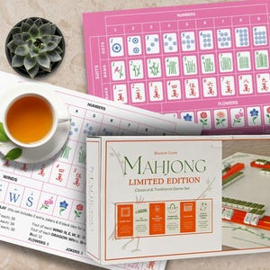 K&ouml;nnte beinhalten: Ein Stillleben mit einem Mahjong-Set in limitierter Auflage mit einem rosa Spielbrett, Spielsteinen und einer Tasse Tee. Auf der Box steht "Mahjong Limited Edition". Das Spielset enth&auml;lt Spielsteine und ein rosa Spielbrett mit Zahlen und Symbolen.