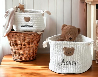 Panier de rangement personnalisé en forme d'ours mignon pour jouets et couches de bébé | Prénom brodé personnalisé | Idéal pour un cadeau de baby shower et un organiseur pour chambre d'enfant