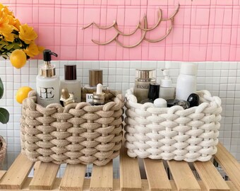 Handmade Thick Cotton Rope Woven Storage Basket | Desktop Books, Snacks, Cosmetics | Sundry Organiser Basket | Woven Storage Baskets