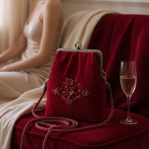Red Velvet Purse with Silk Ribbon Embroidery | Floral Hand-Embroidered Evening Bag | Gift for Her