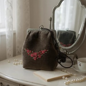 Taupe Velvet Shoulder Bag with Hand-Embroidered Silk Roses | Romantic Vintage-Inspired Purse